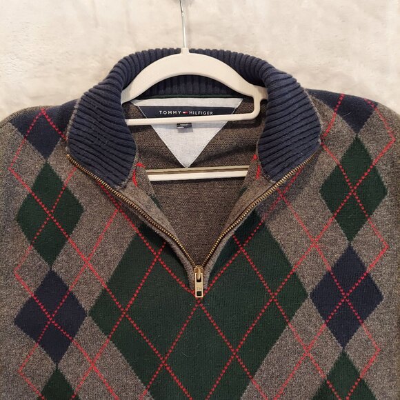 Tommy Hilfiger sweater mens size XL Chest 46 1/4 zip argyle cotton hipster Dad - Picture 9 of 16